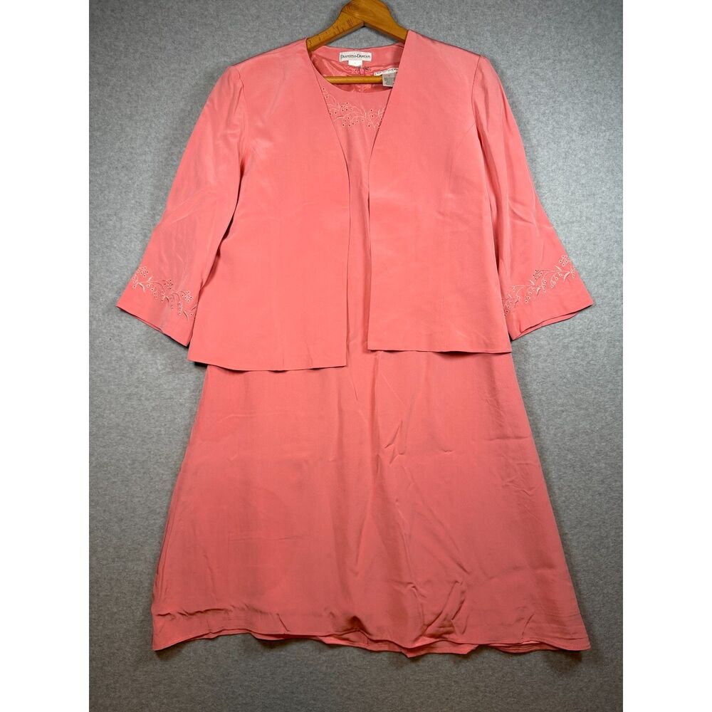 Draper’s & Damon’s 100% Silk Dress Jacket Set Coral Pink Size 14 3895